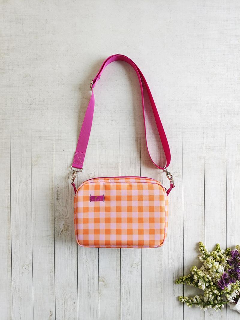 Torebka damska Mały box Pomarańczowo – różowa kratka