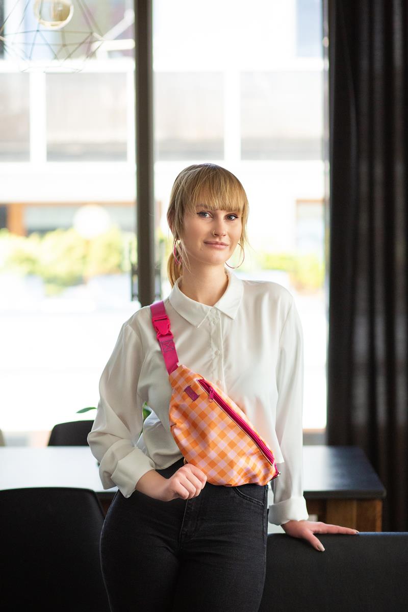 Saszetka biodrowa, nerka „L” Pomarańczowo – różowa z różowym zamkiem